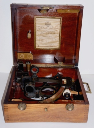 Early 20th century Husun sextant No L987, Pat 2274/28. Made by H. Hughes & Son Ltd, London for Malmsjö & Co, Göteborg Sweden. Silver scale, three telescopes and seven sun-filters. Last examined July 15, 1930. In original oak case.