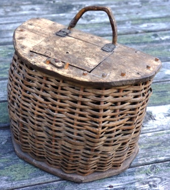 19th century handmade Swedish fish basket, made of braided willow and wood. 