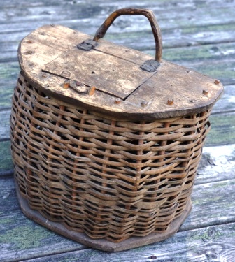 19th century handmade Swedish fish basket, made of braided willow and wood.