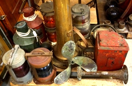 Early 20th century lanterns, compasses, propellers, fog horns etc. 