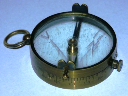 Early 20th century "diopter compass". Brass & glass. Captain L. Lilliehööks Patent, manufactured by Axel Ljungströms Fabrik AB Stockholm. Knob to lock the dial in place.