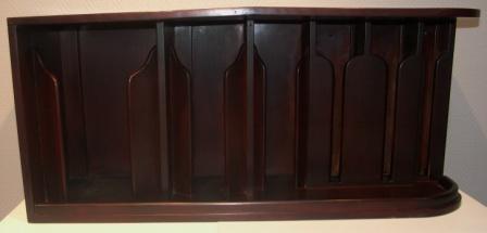 Wall-mounted mahogany rack / stand for plates and cups. From M/S Arolla, Nautilus shipping company. 