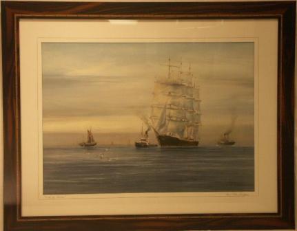 The 4-masted barque Priwall arrives at the River Elbe's mouth. 20th Century Watercolour.
