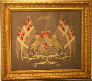 Union Flags with National Coat of Arms. 19th Century Silk-work Picture.