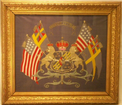 Union Flags and America Flags with National Coat of Arms. 19th Century Silk-work Picture.