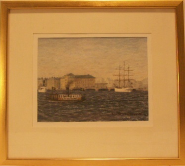 The ferry boat DJURGÅRDEN 2 and the fullrigger AF CHAPMAN on Stockholms' Ström.  20th Century Watercolour.