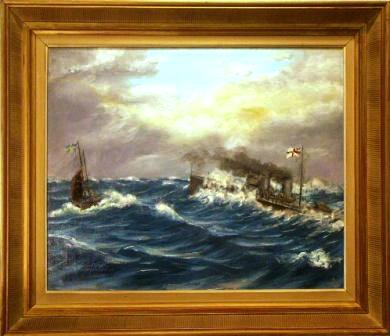 German battle ship seizing a Swedish cargo boat.  20th Century oil on canvas.