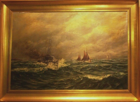 Swedish coast guard vessel and sailing boats off the coast. 20th Century oil on canvas.