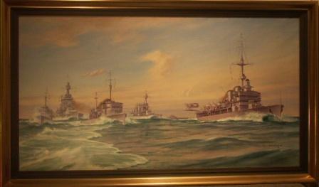 Battle ship manouver with Swedens only aircraft-carrier Gotland. 20th Century oil on canvas.
