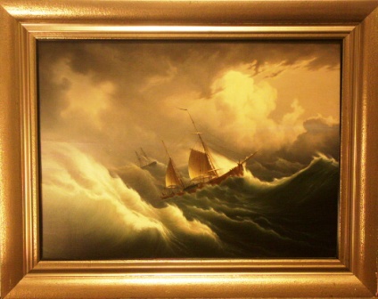 Sailing ships in very rough sea.  19th Century oil on wooden panel. 
