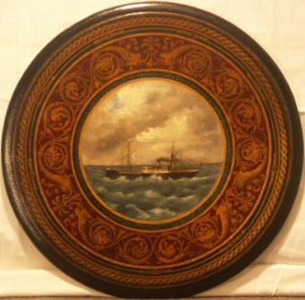 Swedish steam-freighter off the coast.  20th Century oil on wooden panel (table top). 