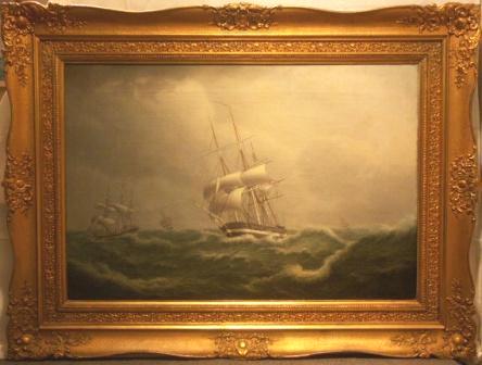 Danish, Russian and German frigates in rough sea.  19th Century oil on canvas. 