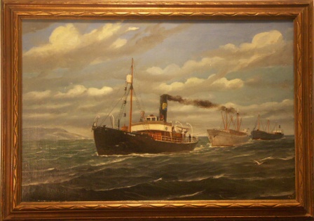 Tug-boat Viking towing two costal freighters.  20th Century oil on canvas. 