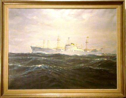 Ship portrait depicting the Swedish cargo vessel Silken. 20th Century oil on canvas. 
