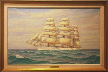 Ship portrait depicting the Swedish sail training vessel G.D. Kennedy in full sail. 20th Century oil on canvas. 