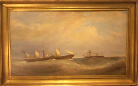 Paddle steamers in heavy sea. 19th Century oil on canvas mounted on board. 