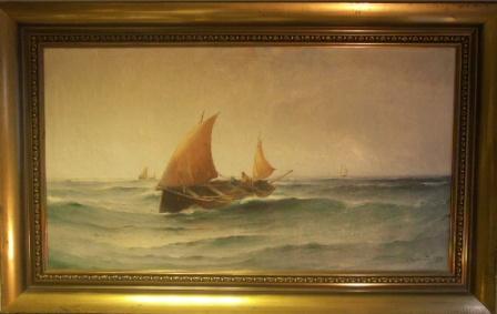 Fishermen in open boats in coastal waters. 20th Century oil on canvas. 