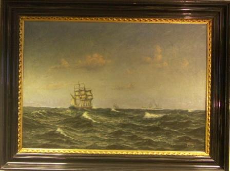 Three-masted barque and German Emperor's Yacht Hohenzollern in the bay of Kiel.  20th Century oil on canvas. 