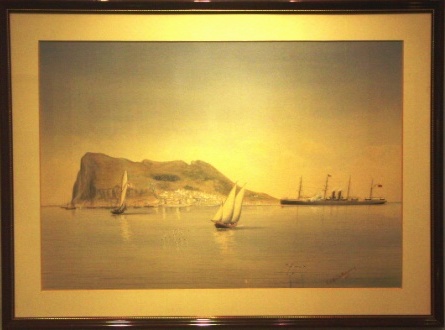 Gibraltar with British mail-steamer and sailing boats. 19th Century Watercolour.