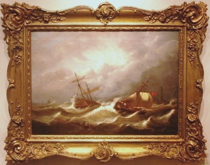 Stormy waters off the coast with distressed seamen expecting help from approaching rescue-boat. 19th Century oil on canvas.