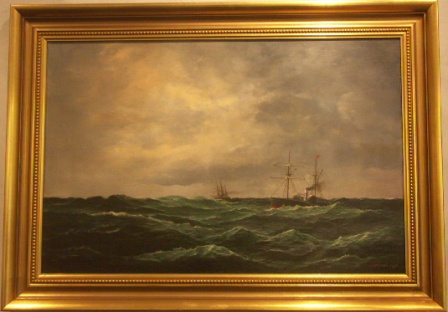British paddle steamer and steam frigate in open waters. 19th Century oil on canvas. 