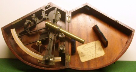 19th century sextant in original mahagony case. Made by W.H. Meralee, North Shields and sold by James Imray & Son, London, lattic frame, silver scale and a vernier with a magnifier to assist scale readings, three telescopes, one sun-filter and containing also a separate magnifying glass. 