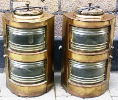 A pair of 20th century electrified brass navigation lamps with double lenses. Made by Bottaro Giovanni, Mura del Molo, Genoa. 