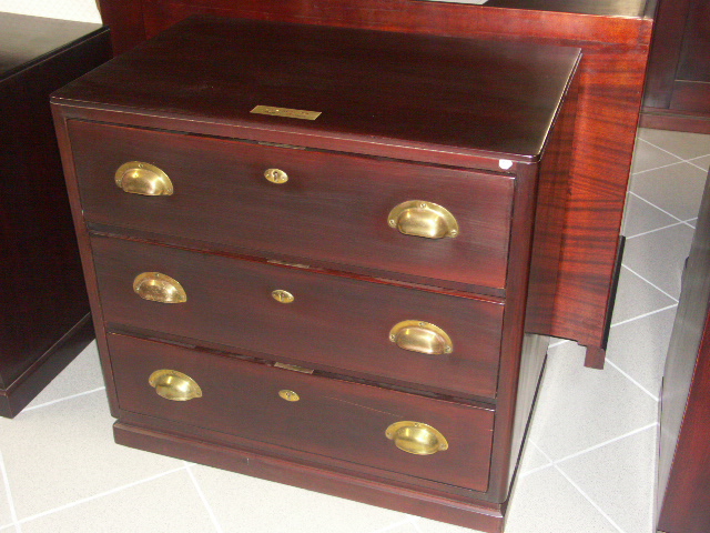 Chest of three drawers in mahogany and brass from M/S Hohenfels Hansa Bremen, Norddeutscher Lloyd (NDL).