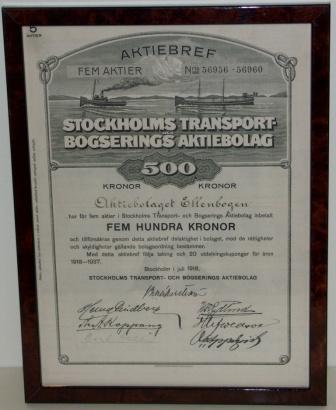 Swedish shipping company STOCKHOLMS TRANSPORT OCH BOGSERINGS AKTIEBOLAG share certificate, dated Stockholm July 1918. 
