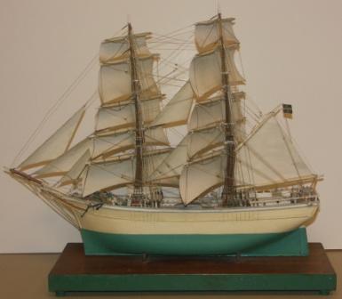 Early 20th century built model depicting the Swedish Brig AMAZONE built 1876. Mounted on wooden base. 