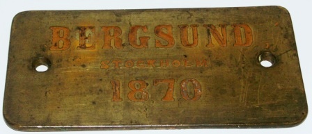 Plate made of brass from a vessel made by Bergsund shipyard in Stockholm 1870.