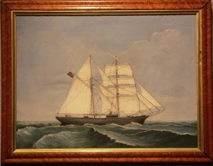 Depicting a British brigantine in full sail 
