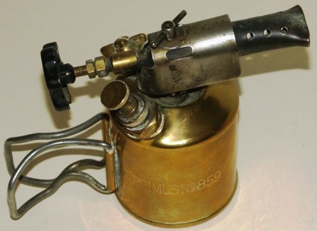 Early 20th century brass blowtorch made by Primus. Model no 859. Sold by AB BA. Hjorth & Co. Sweden. 