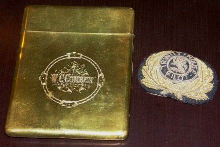 Late 19th century brass case used by Trinity House Pilot W.C. Comben to house authorization identification. Incl pilot badge.