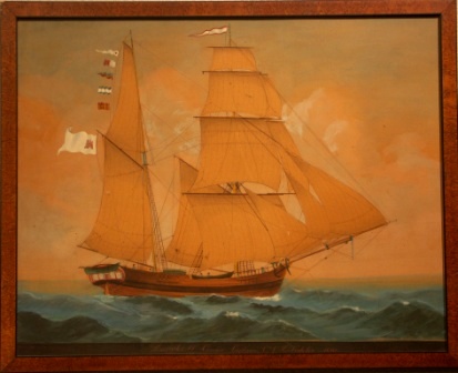 The sailing vessel "Condor" in full sail, flying the Hamburg flag. With the inscription "Das Schiff Condor Captain C.J.H. Fedeler 1830