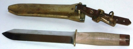 20th century diving knife made in GDR (DDR), German Democratic Republic. Brass sheath and wooden/brass handle. Leather and brass buckle.