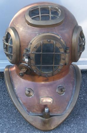 Danish 2-bolt/four-light copper diving helmet. Marked H. Christiansen, København. 