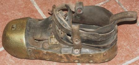 Early 20th century single diving shoe. Made by Emil Andersson (E.A.) Sweden. Leather, lead sole and brass shod. 