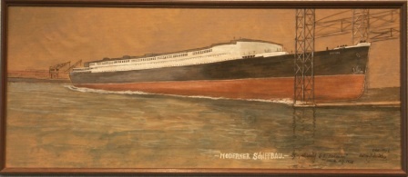 "Moderner Schiffbau" (Modern shipbuilding). Depicting the launch of German passenger liner S.S. BREMEN on August 16, 1928.
