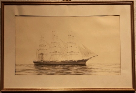 Depicting a three-masted barque in calm water 