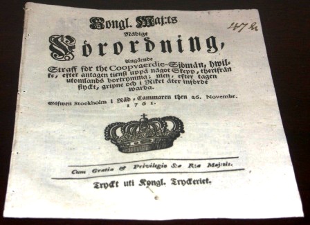 Proclamation by His Majesty Adolf Friedrich, King of Sweden, Heir of Norway and Duke of Schleswig-Holstein regarding punishment for Sailors who run away while on duty abroad. 