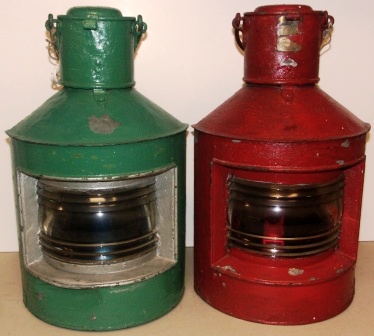 Pair of early 20th century galvanized and electrified navigation lanterns. Port and starboard, made by J. C. Larsén, Österlånggatan 43 Stockholm. Marked "St 2115." 