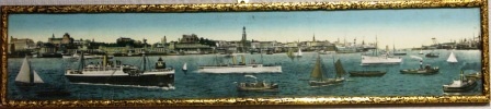 Panoramic view of Hamburg Harbour, incl the vessels Hindenburg, Kehrwieder, H. Breckwoldt. 