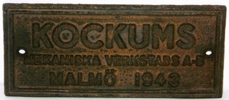 Plate made of cast iron from a vessel made by Kockums Mekaniska Verkstads AB in Malmö 1943.