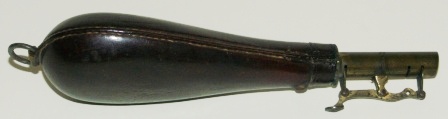 19th century leather gunpowder pouch with brass pourer.