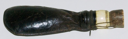 19th century leather gunpowder pouch, cork and bone fittings.