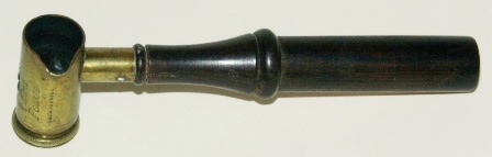 19th century wood and brass gunpowder measure. Marked "Drs Powder", made by G & J.W. Hawksley. Four measurements: 2 1/2, 2 3/4, 3 & 3 1/4.