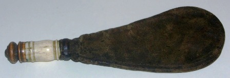 19th century leather gunpowder pouch, wood and bone fittings.