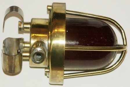 20th century electric ceiling engine room / bulkhead light made of solid brass. Red glass.