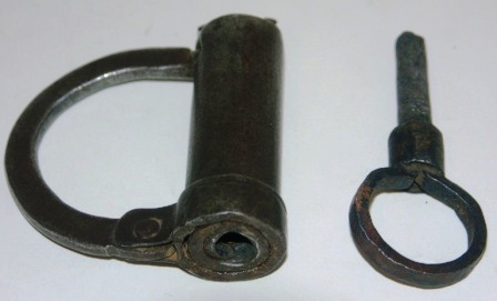 Late 18th century hand forged iron padlock in working order. Incl original key.